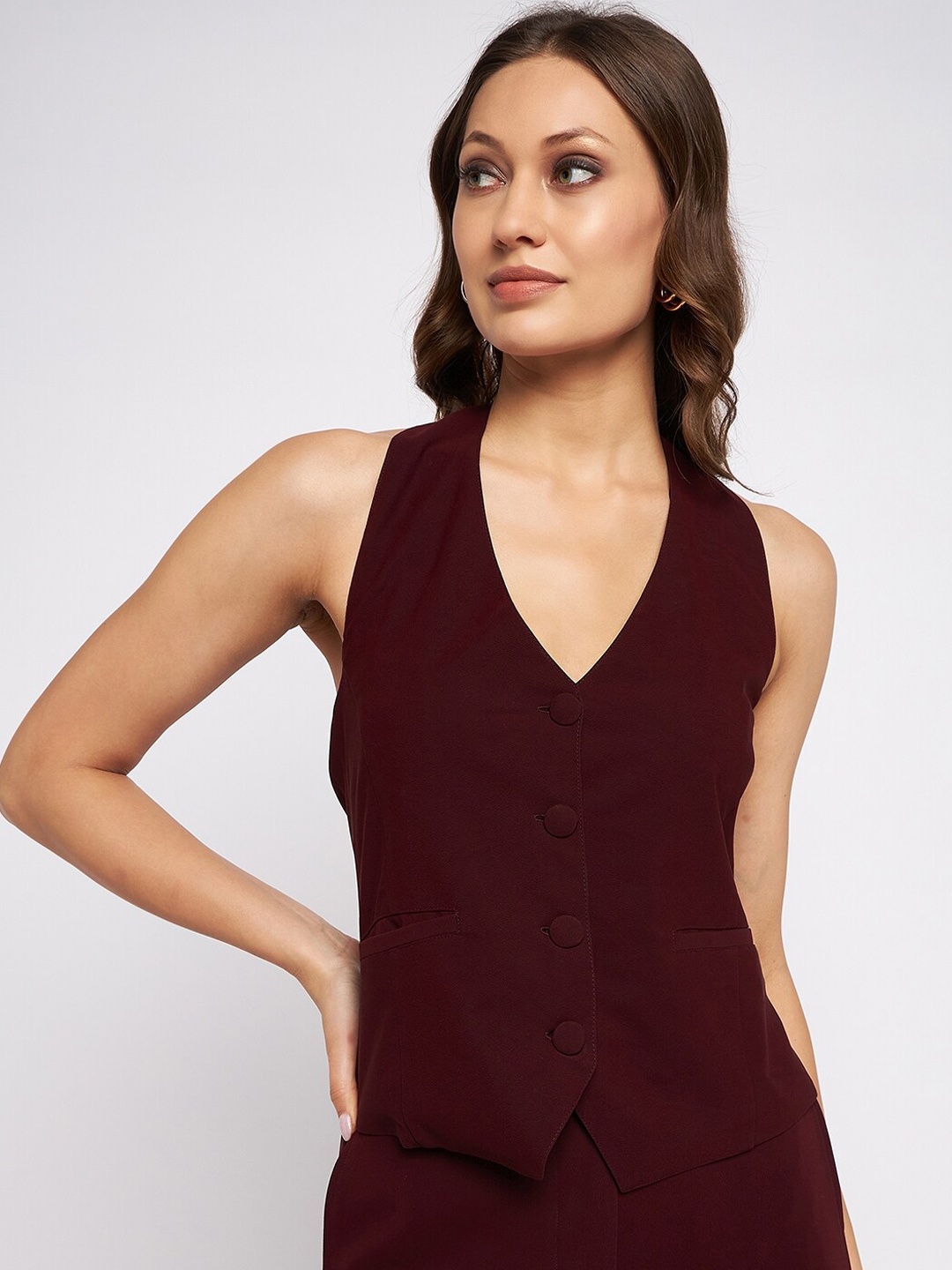 

Antheaa Woven Sleeveless Formal Waistcoat, Maroon