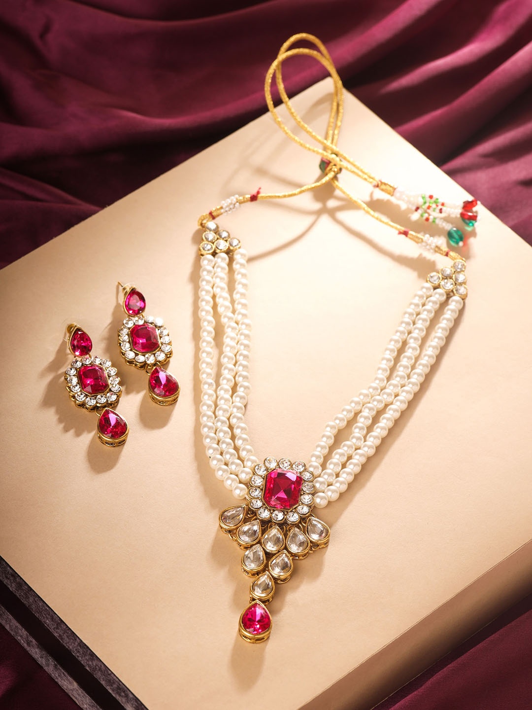 

Yellow Chimes Crystal-Studded & Pearl Beaded Jewellery Set, Gold