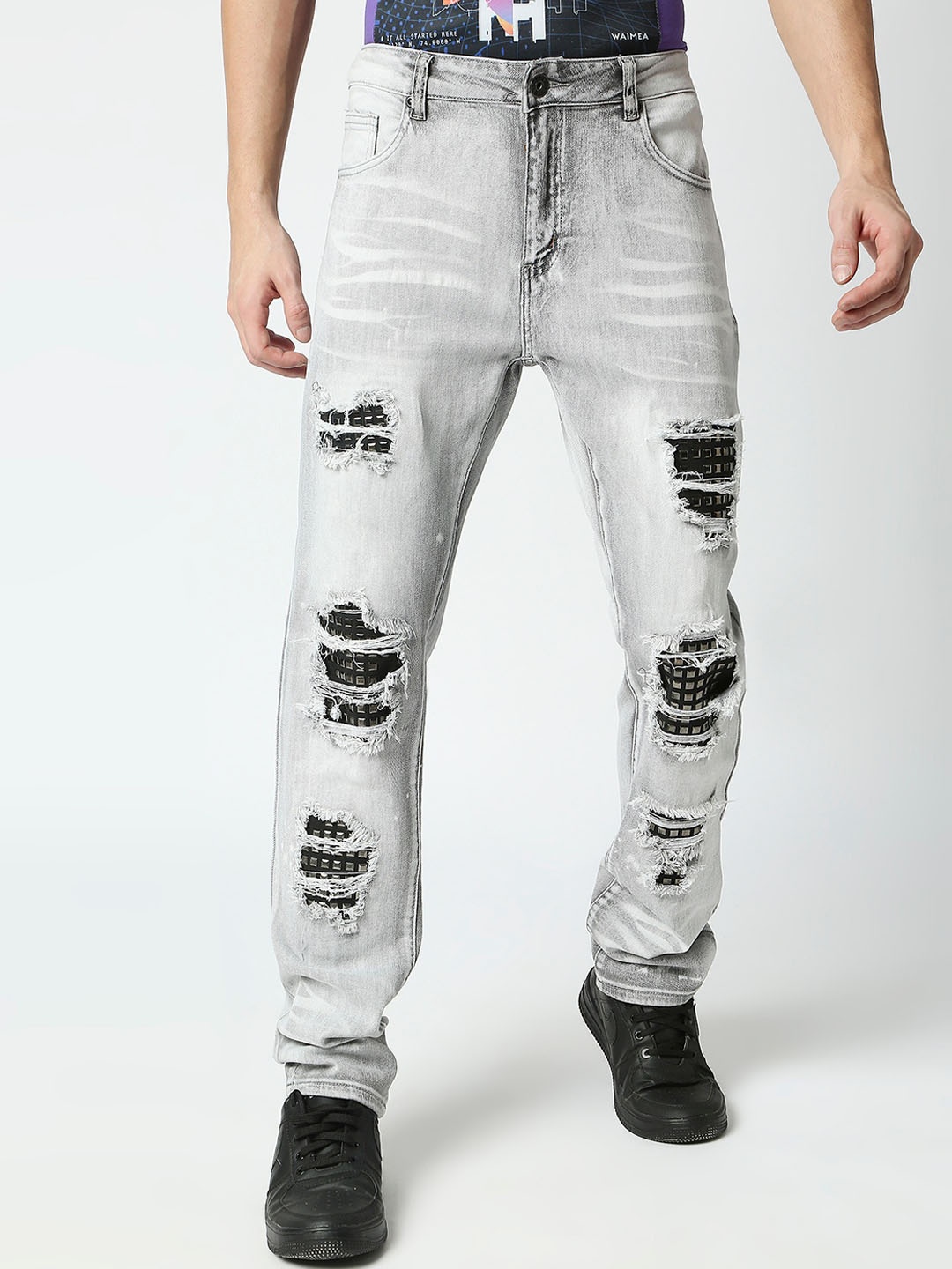 WAIMEA Men Skinny Fit Highly Distressed Heavy Fade Stretchable Jeans, Grey