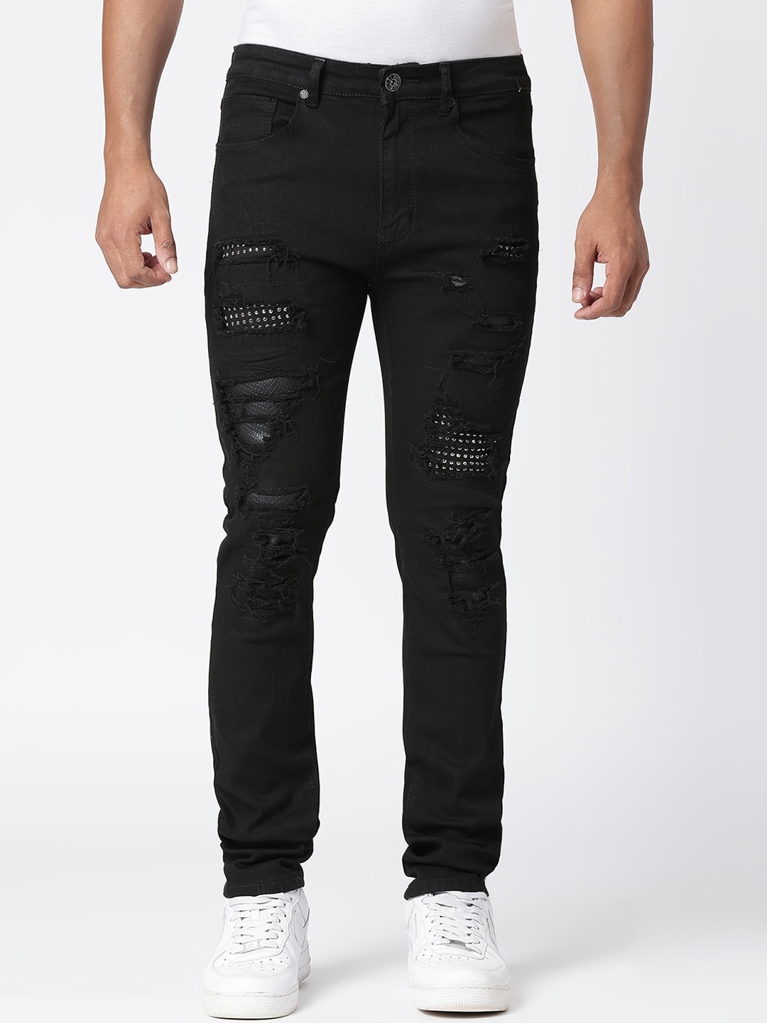 WAIMEA Men Skinny Fit Mildly Distressed Stretchable Jeans, Black
