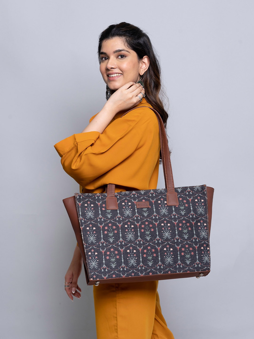 

ZOUK Floral Printed Structured Tote Bag, Grey