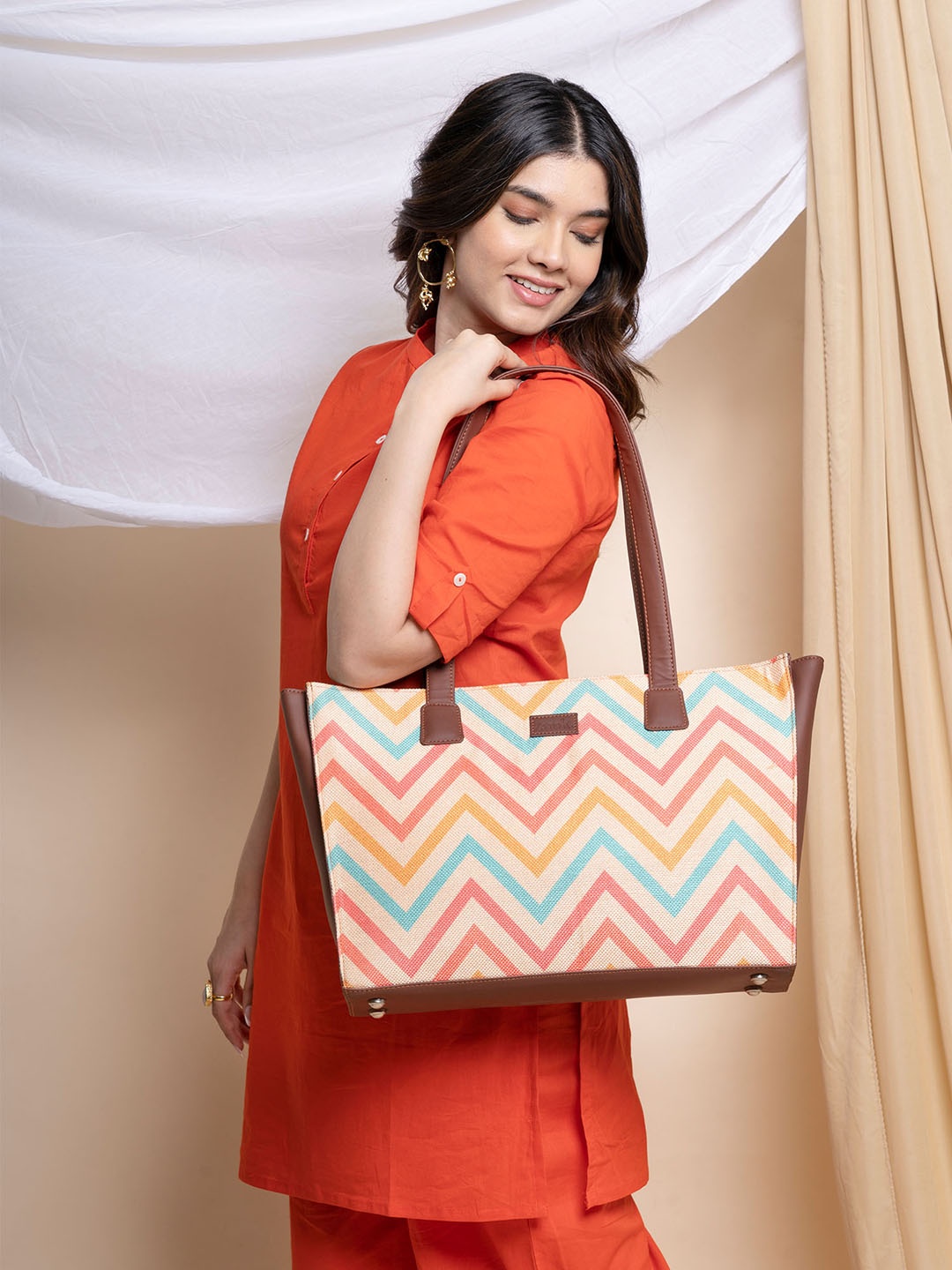 

ZOUK Geometric Printed Structured Tote Bag, Cream