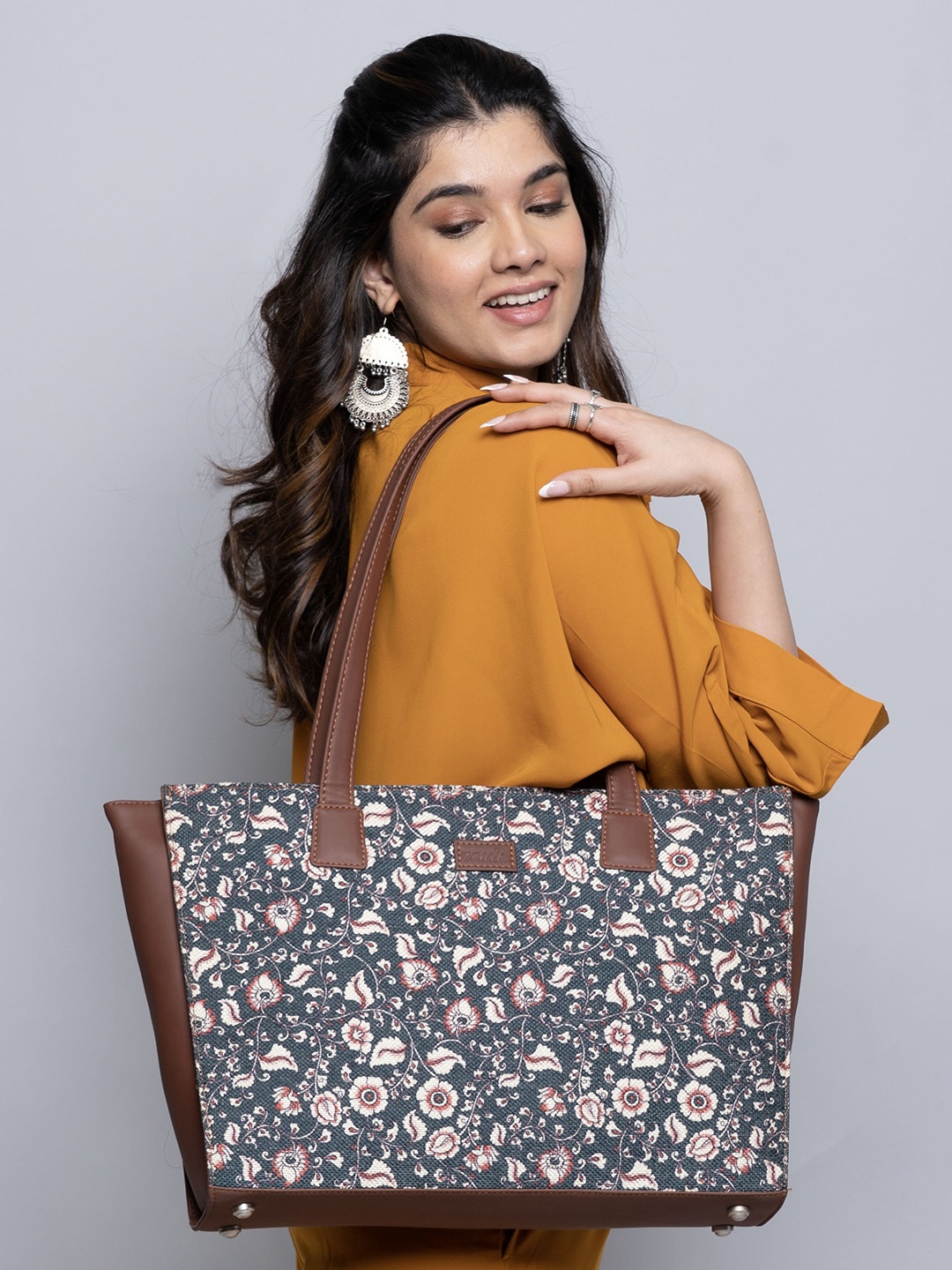 

ZOUK Floral Printed Structured Tote Bag, Navy blue