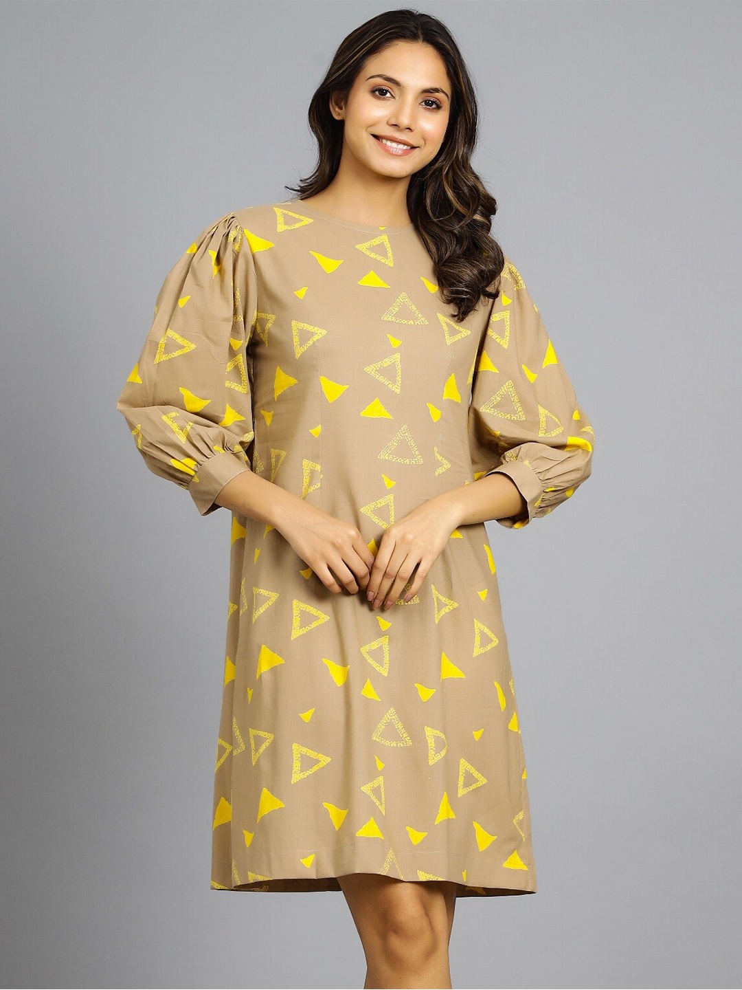 

HANDICRAFT PALACE Geometric Printed Pure Cotton A-Line Dress, Khaki