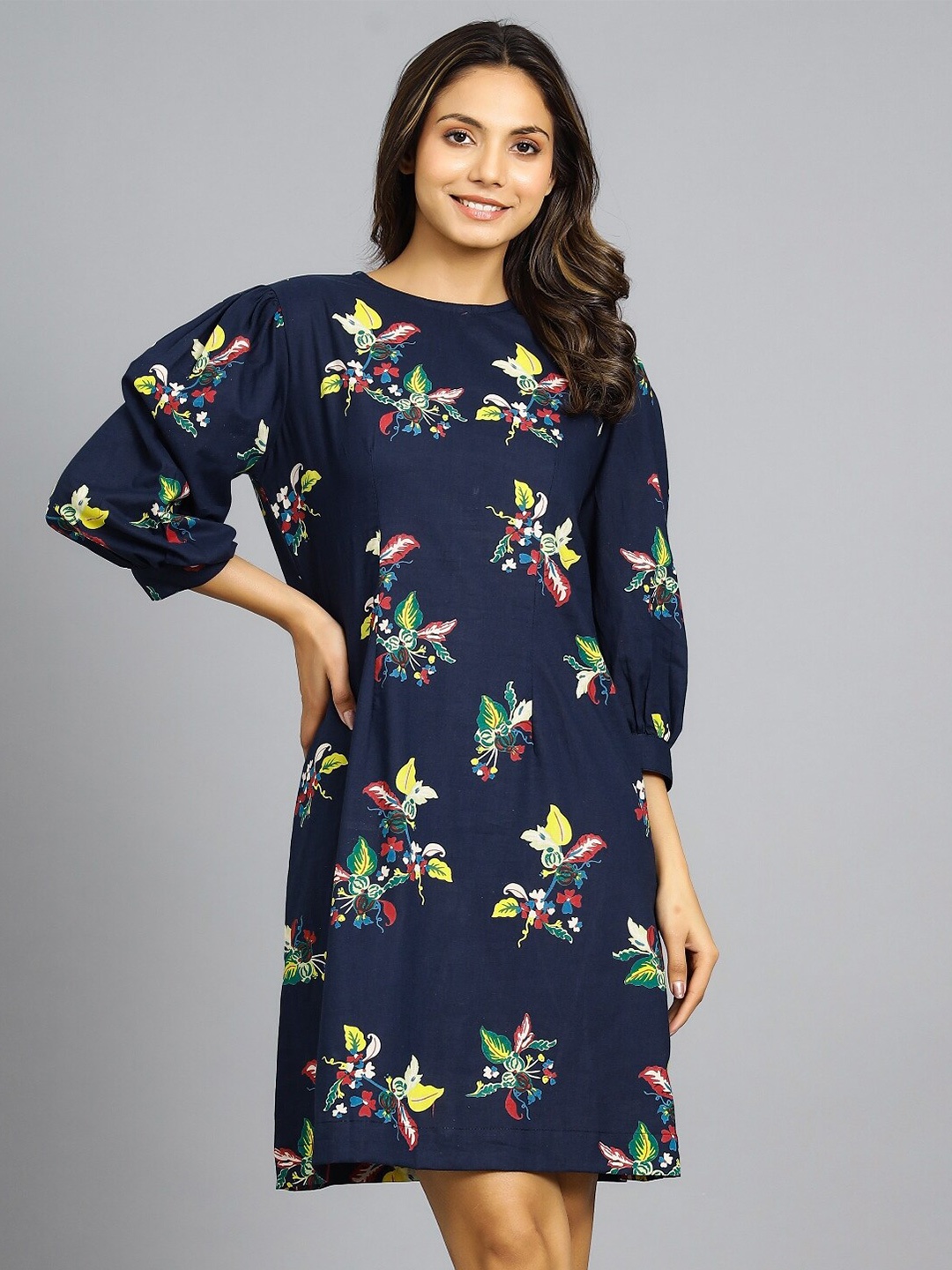 

HANDICRAFT PALACE Round Neck Floral Printed Pure Cotton A-Line Dress, Blue