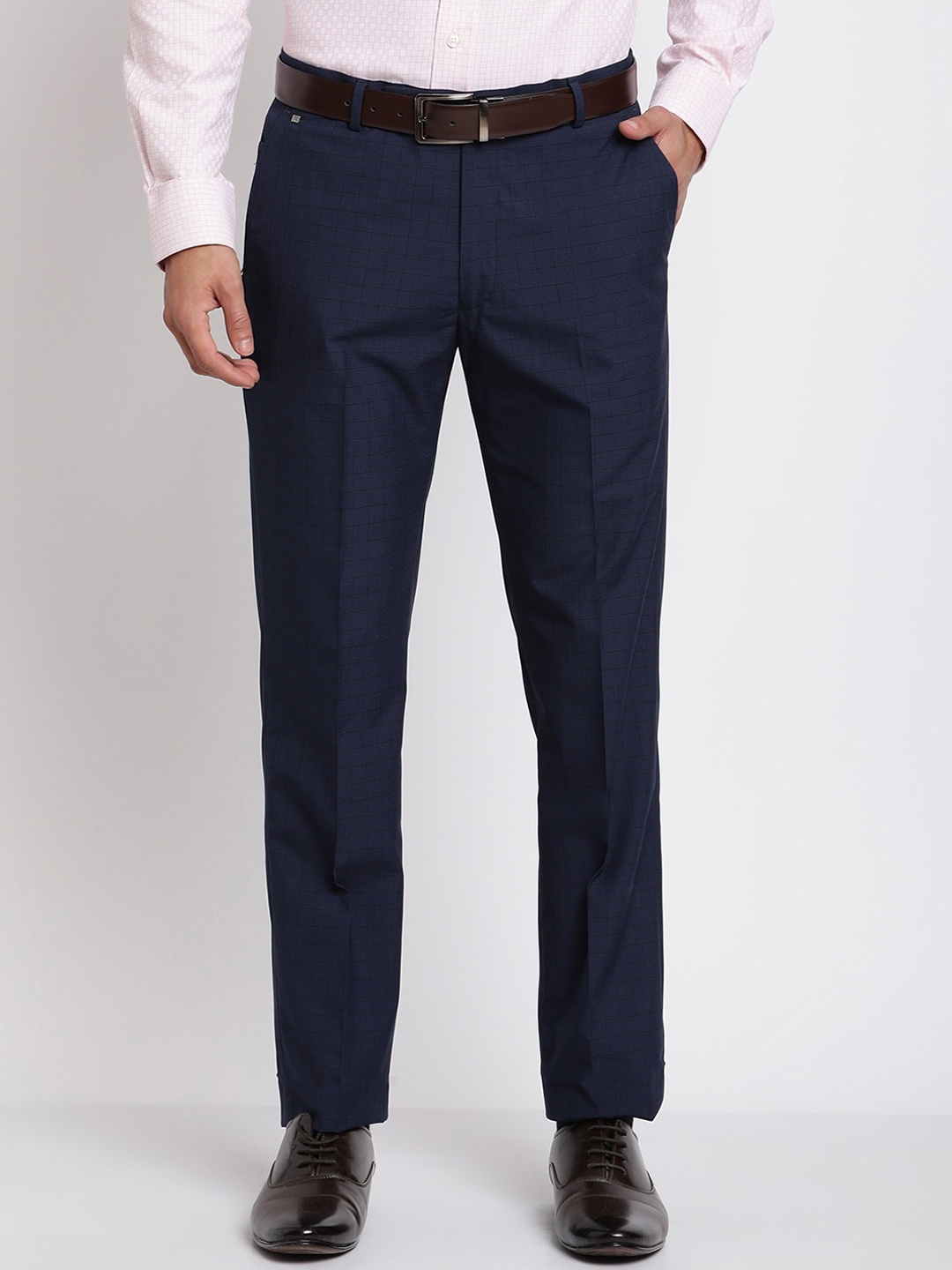 

Cantabil Men Mid Rise Checked Formal Trousers, Navy blue