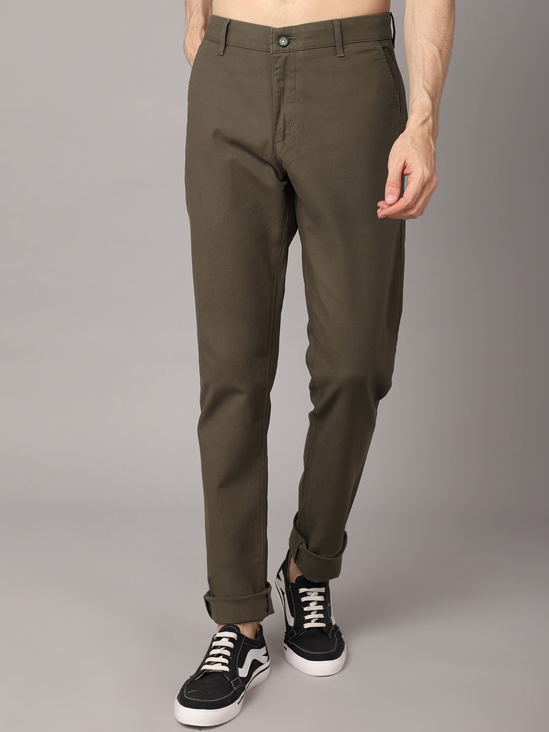 

Cantabil Men Flat-Front Mid-Rise Easy Wash Cotton Chinos Trousers, Olive