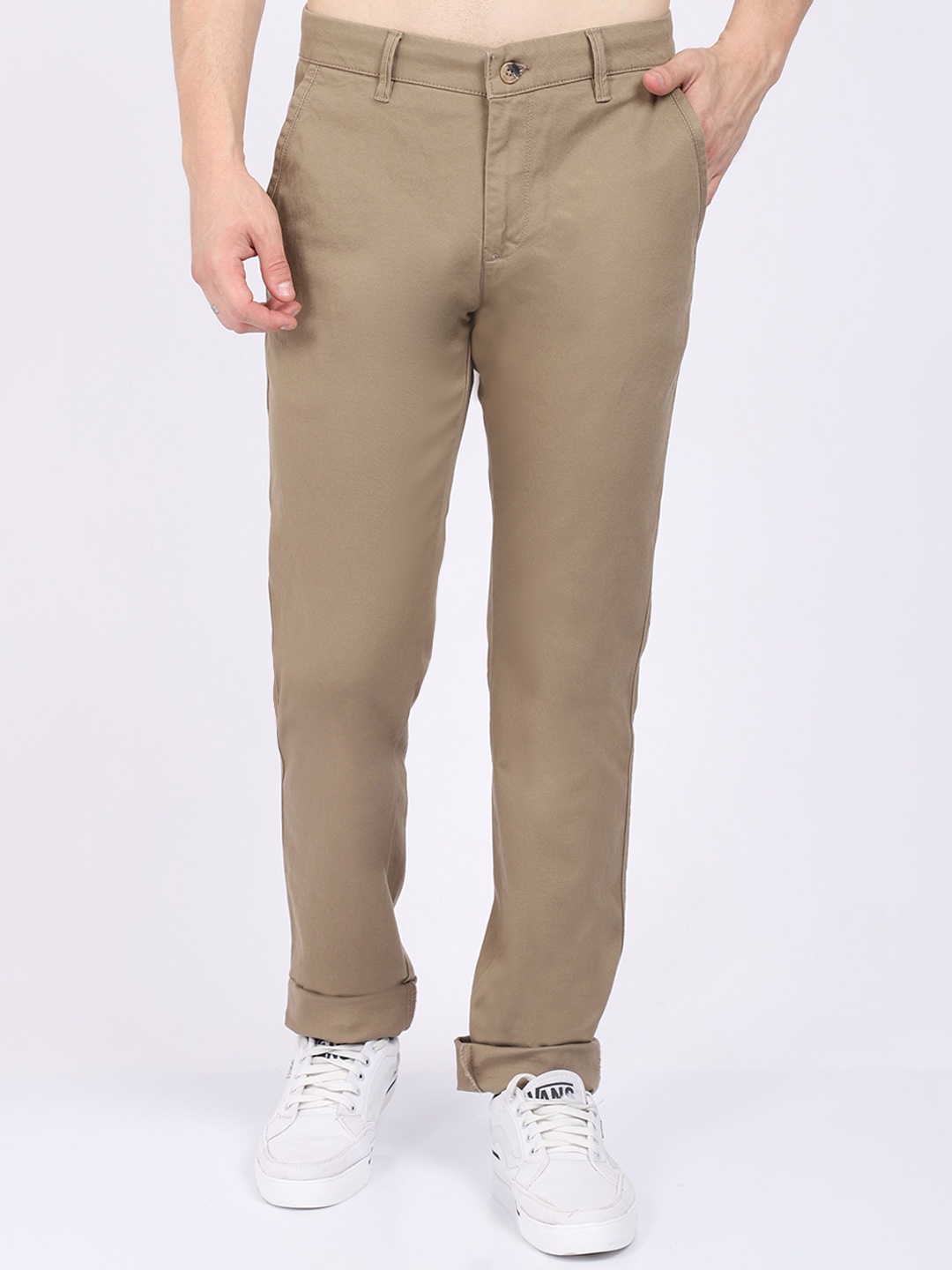 

Cantabil Men Mid Rise Easy Wash Regular Fit Cotton Trousers, Khaki