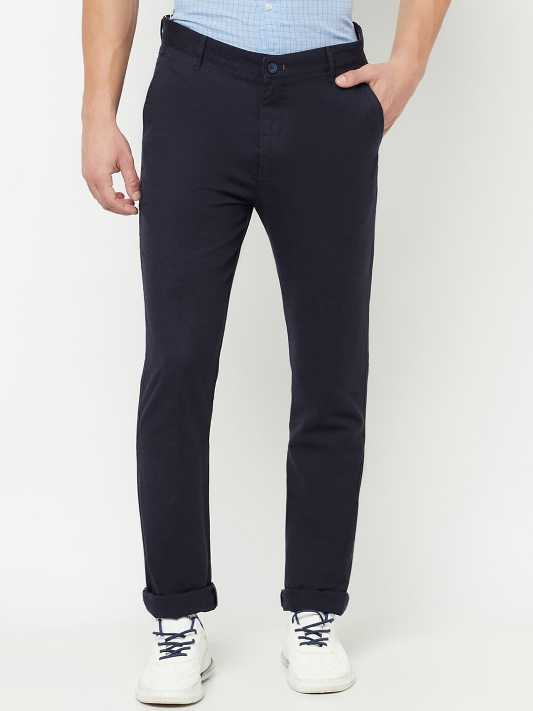 

Cantabil Men Flat-Front Mid-Rise Easy Wash Cotton Trousers, Navy blue