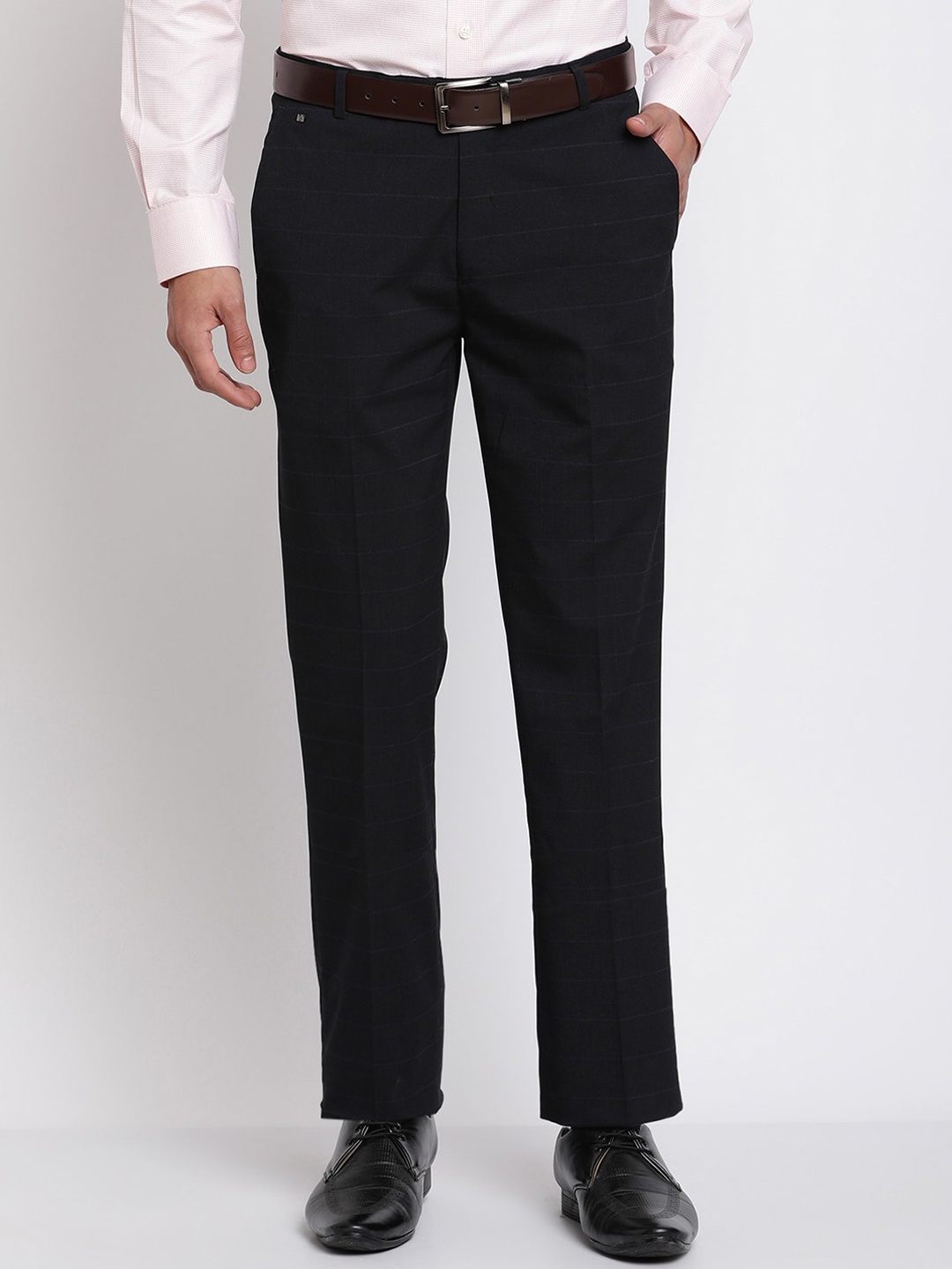 

Cantabil Men Mid Rise Checked Formal Trousers, Black