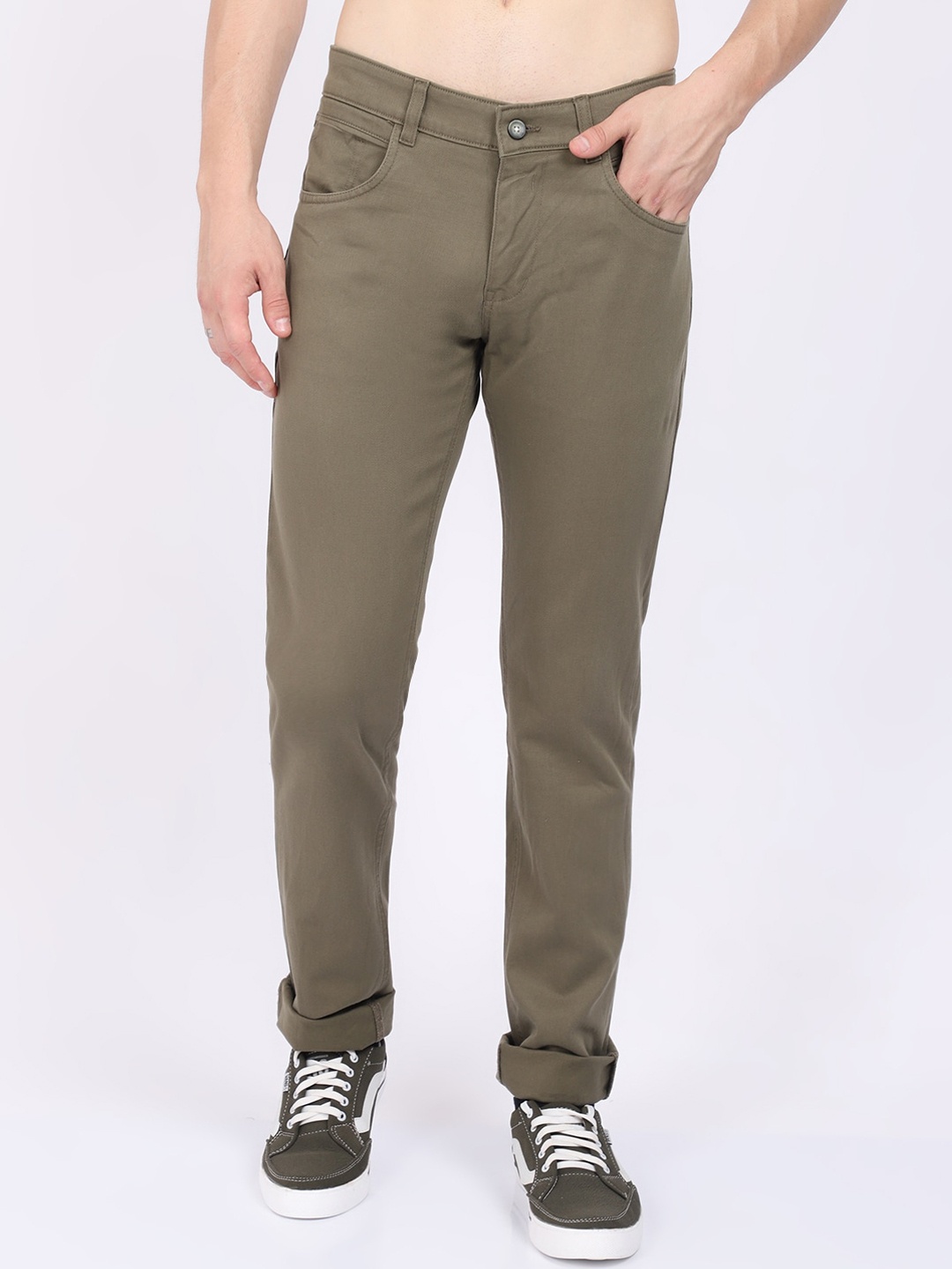 

Cantabil Men Mid Rise Easy Wash Regular Fit Cotton Trousers, Olive