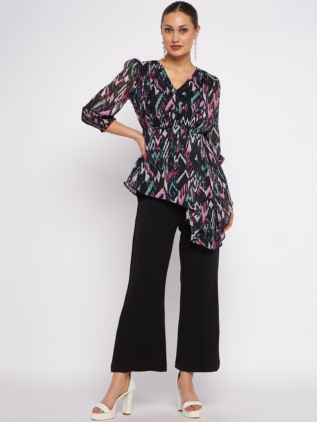 

Antheaa Printed V-Neck Collar Top With Flared Trouser Co-Ords Set, Black