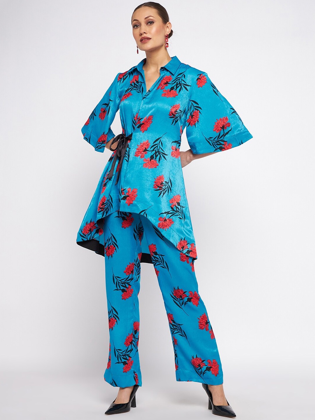 

Antheaa Printed Satin Top & Trousers Co-Ords Set, Blue