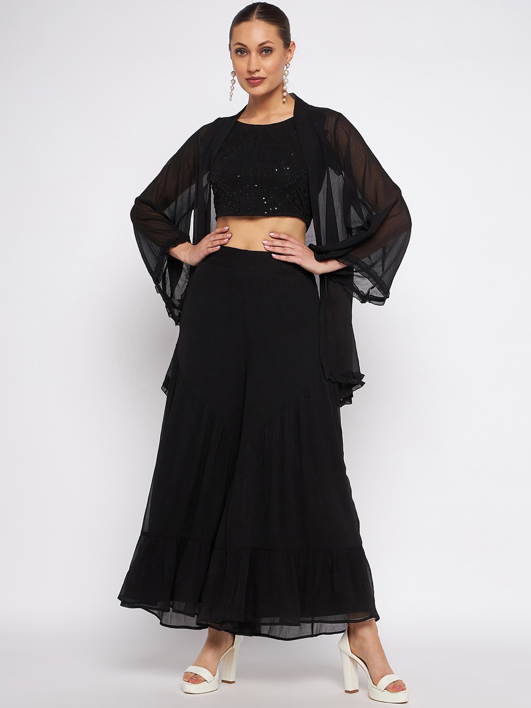 

Antheaa Embellished Round Neck Top With Flared Palazzos and Shrug Co-Ords, Black