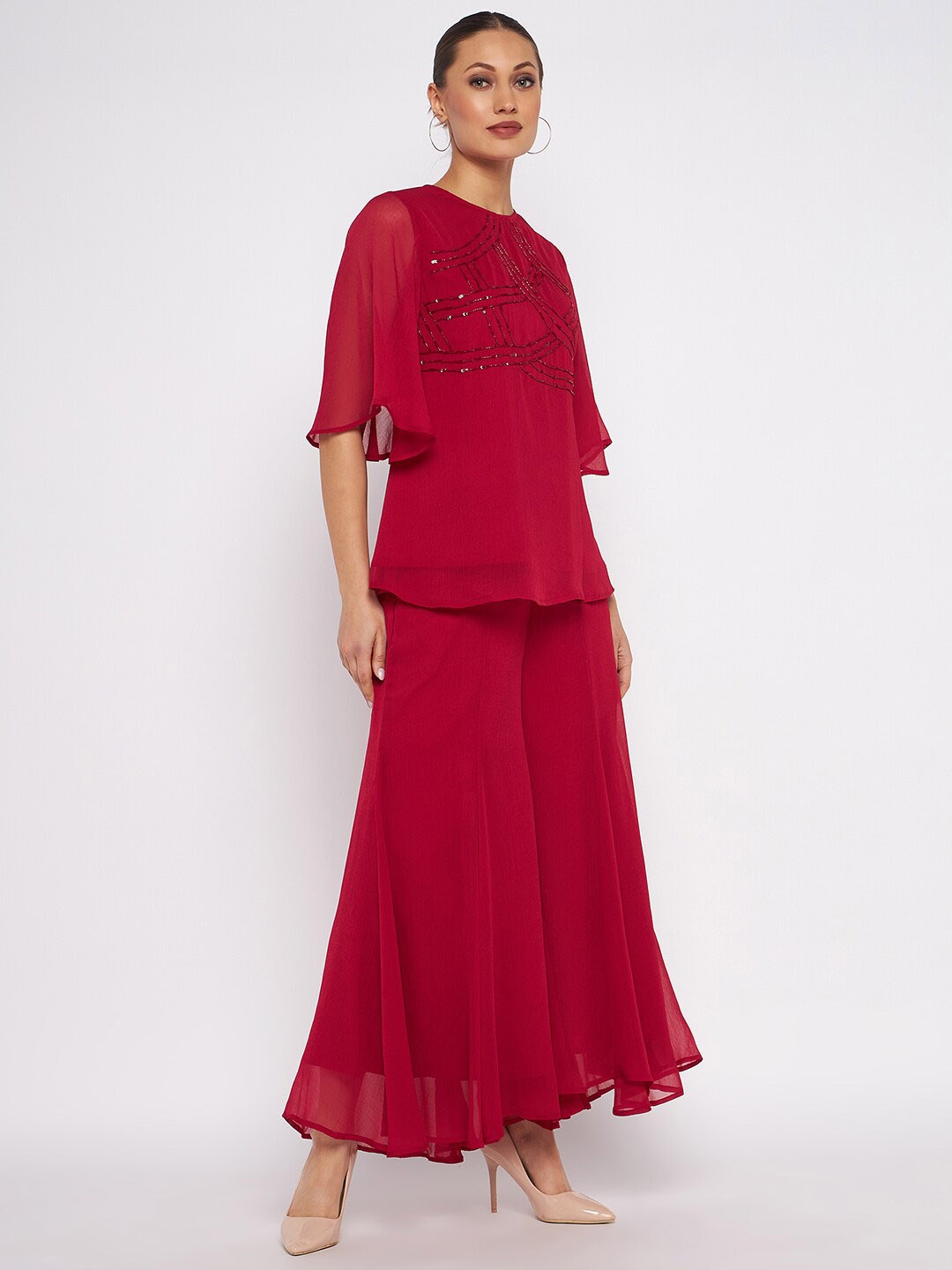 Antheaa Embellished Top & Palazzos Co-Ords Set, Red