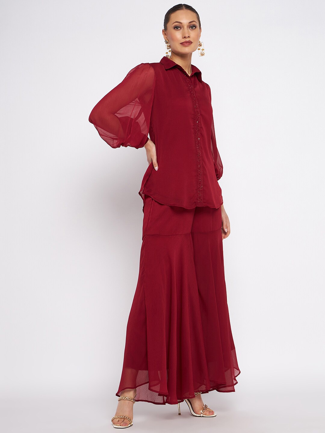 

Antheaa Embellished Shirt Collar Long Sleeves Top & Sharara, Maroon