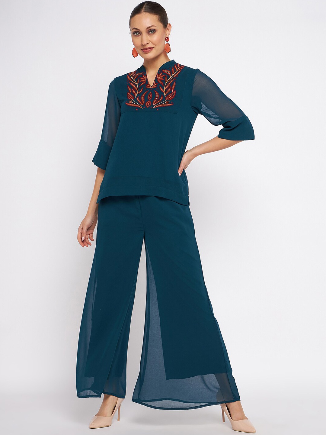 Antheaa Embroidered Top & Palazzo, Teal