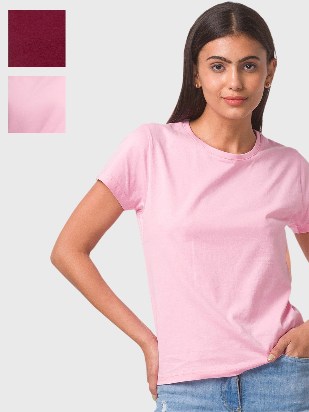 

FashionRack Women Pack Of 3 Cotton Round Neck Lounge Tshirts, Pink