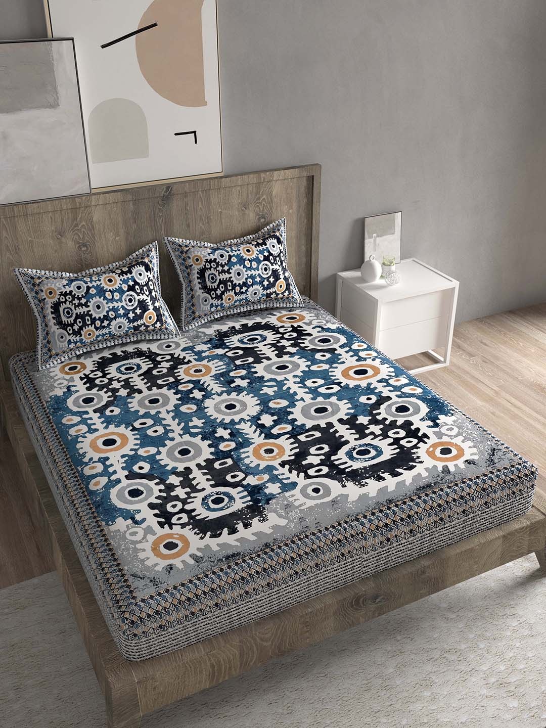 Spangle Blue & Grey Ethnic Motifs 260 TC Cotton King Bedsheet with 2 Pillow Covers