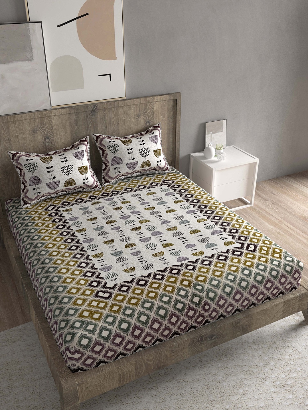 

Spangle Cream-Coloured & Mustard Ethnic Motifs 260 TC King Bedsheet With 2 Pillow Covers