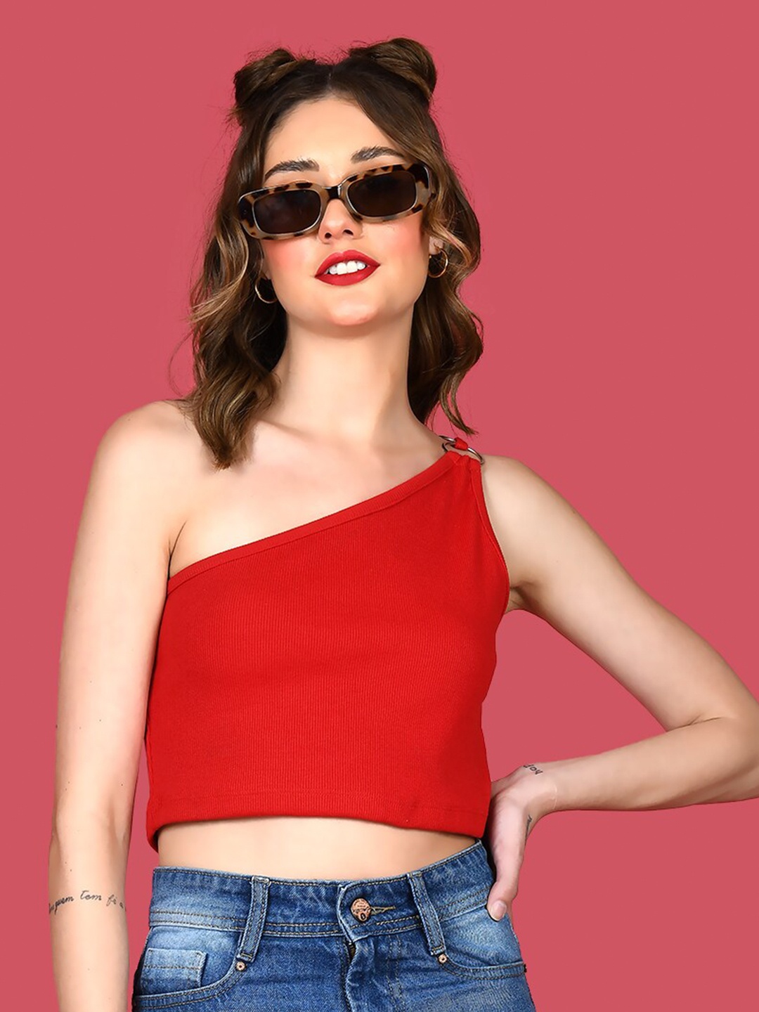 

zink Z One Shoulder Fitted Pure Cotton Crop Top, Red