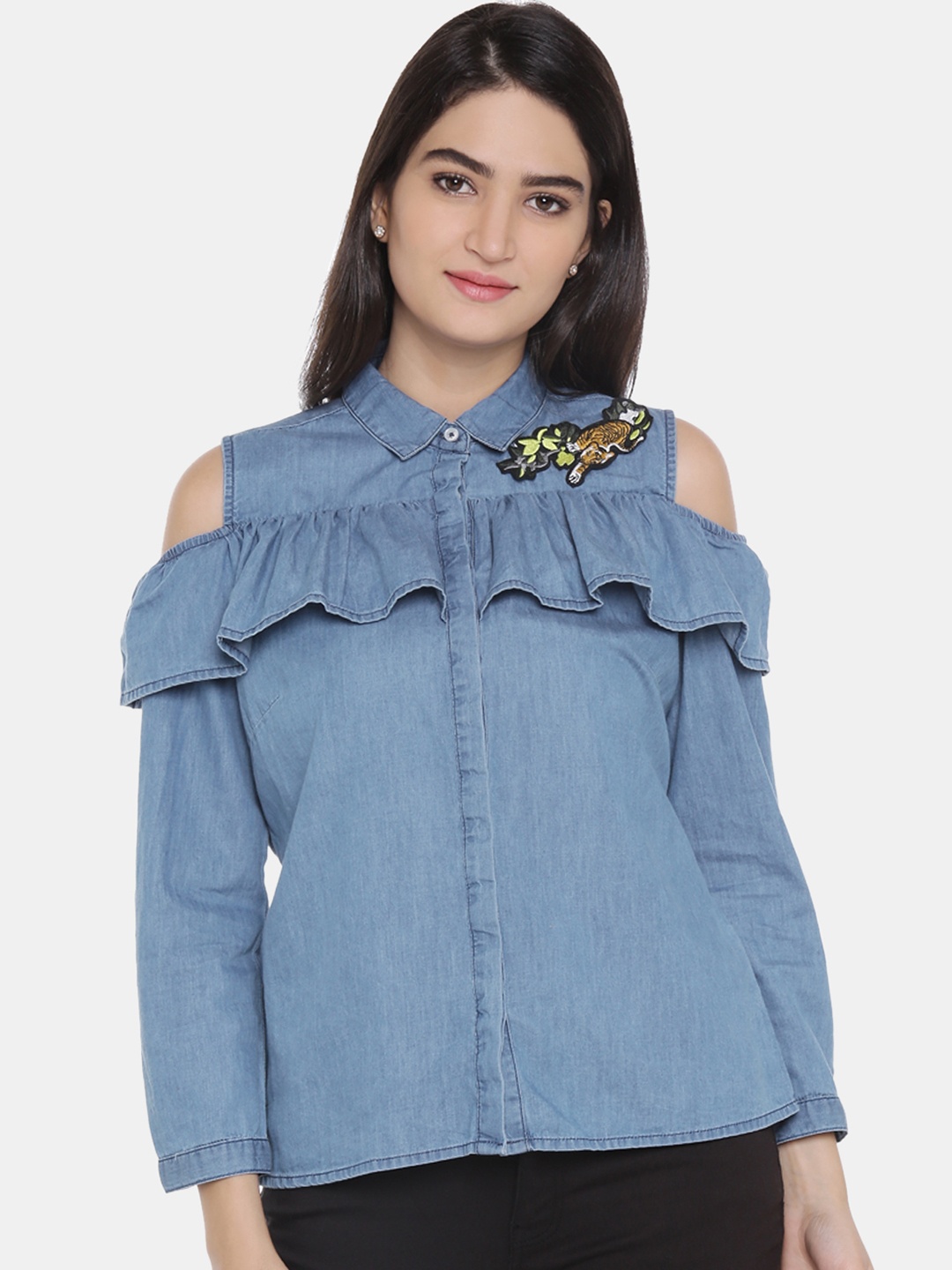 

SF JEANS by Pantaloons Women Blue Solid Denim Shirt Style Top