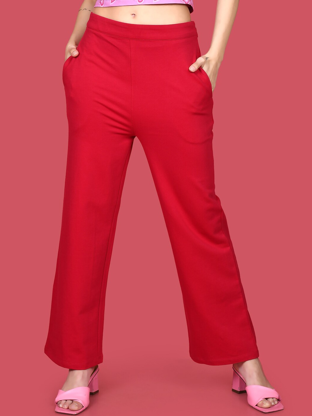 

zink Z Women Pure Cotton High-Rise Parallel Trousers, Red