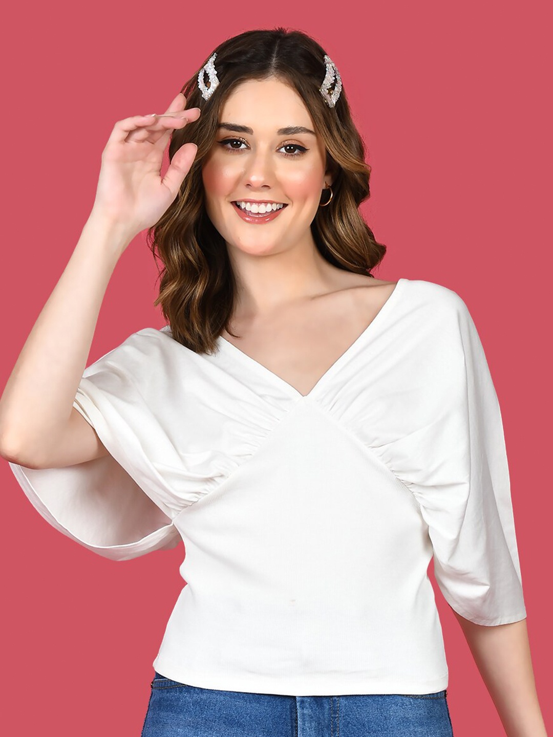 

zink Z V-Neck Flared Sleeves Empire Top, White