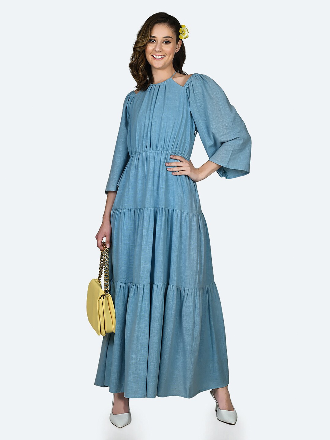 

Zink London Flared Sleeves Tiered Pure Cotton Fit & Flare Maxi Dress, Blue
