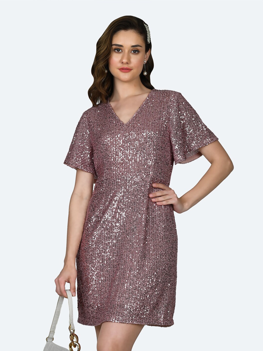 

Zink London Embellished V-Neck Sequined A-Line Dress, Pink