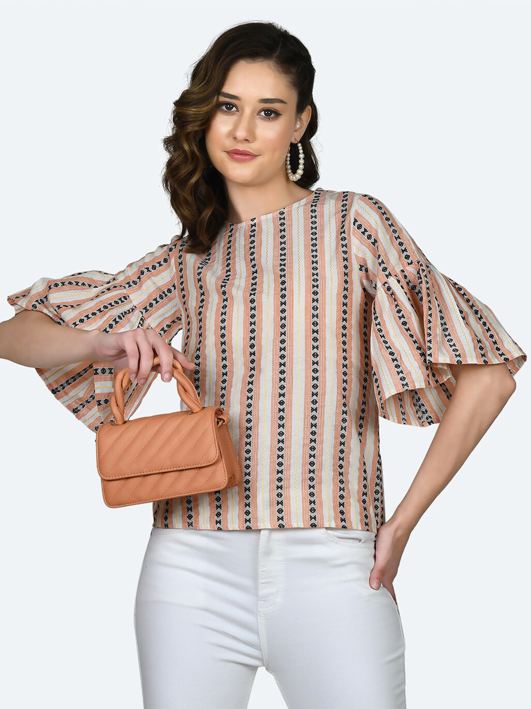 

Zink London Striped Bell Sleeves Pure Cotton Top, Peach