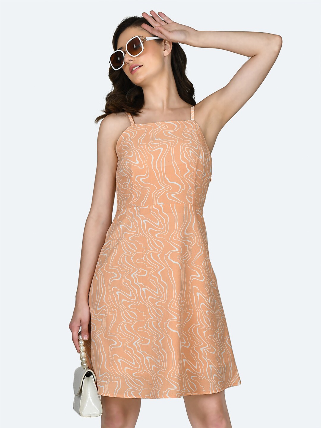 

Zink London Abstract Printed Shoulder Strap A-Line Dress, Peach