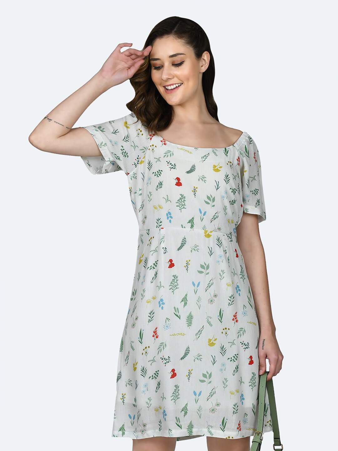 Zink London Floral Printed Square Neck A-Line Dress, White