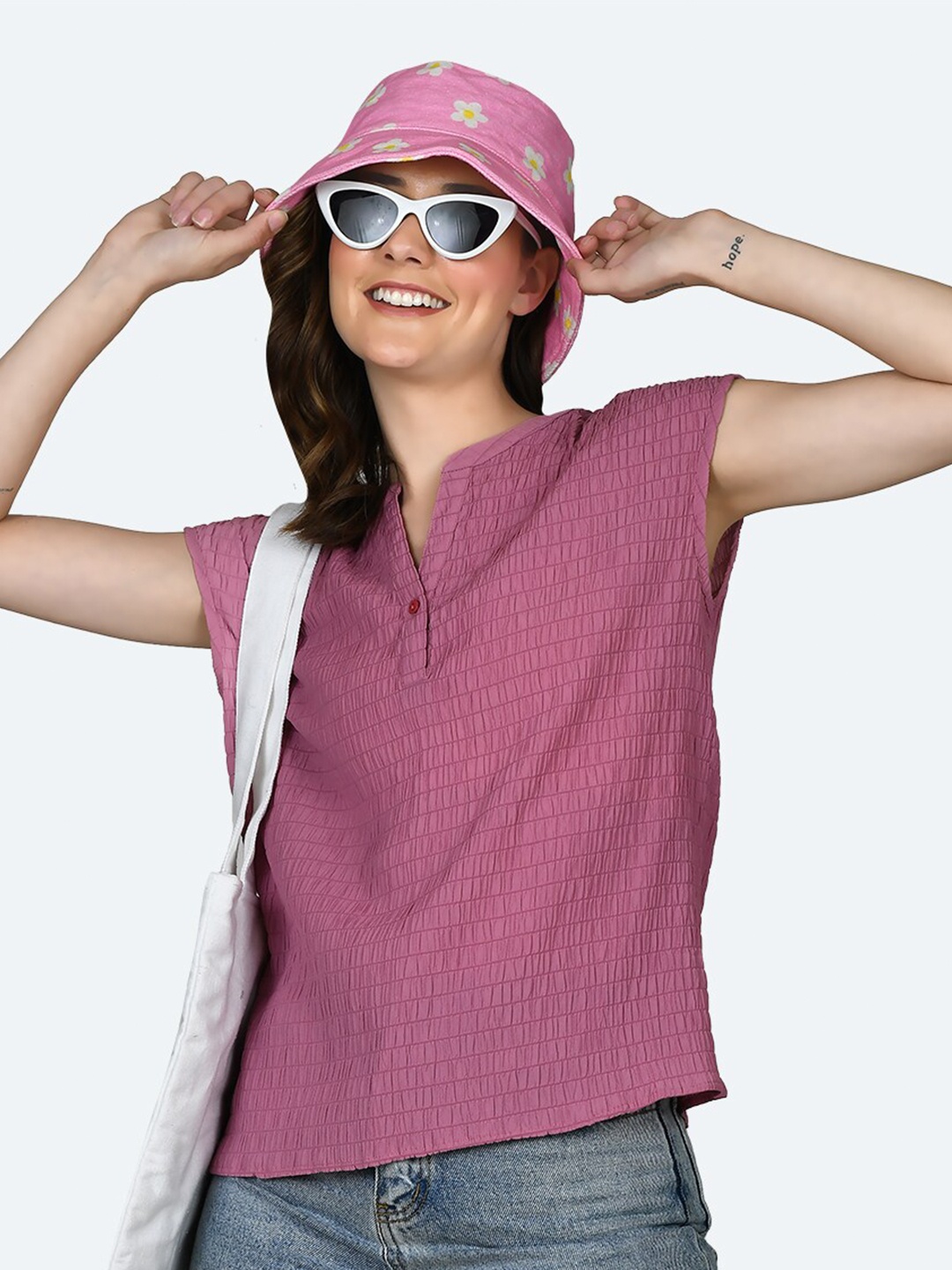 

Zink London Self Design Mandarin Collar Smocked Top, Pink