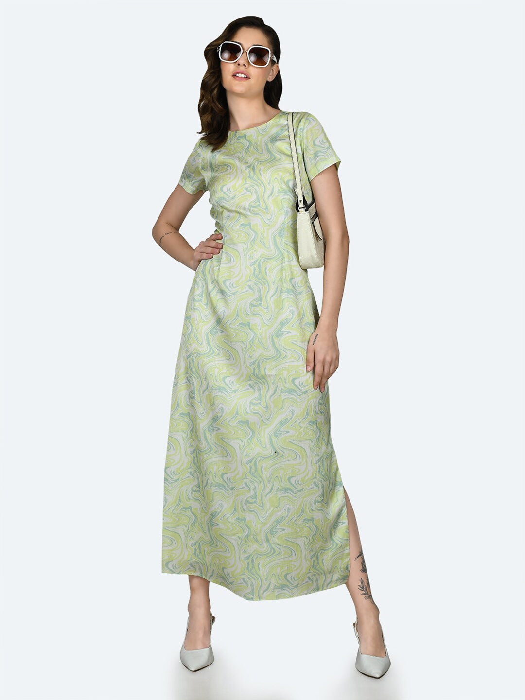 

Zink London Abstract Printed A-Line Midi Dress, Green