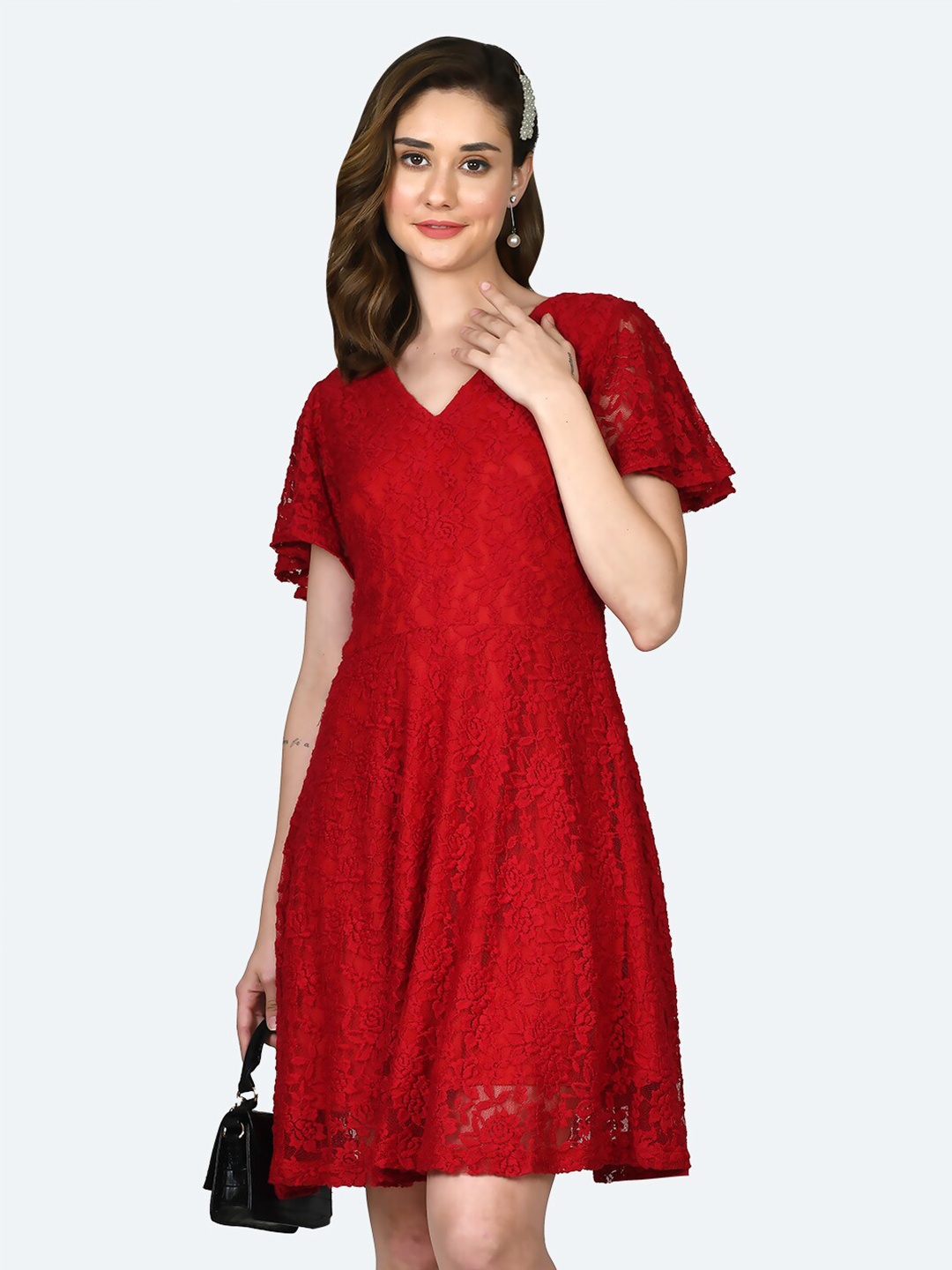 

Zink London Self Design Flutter Sleeves Lace Fit & Flare Dress, Red