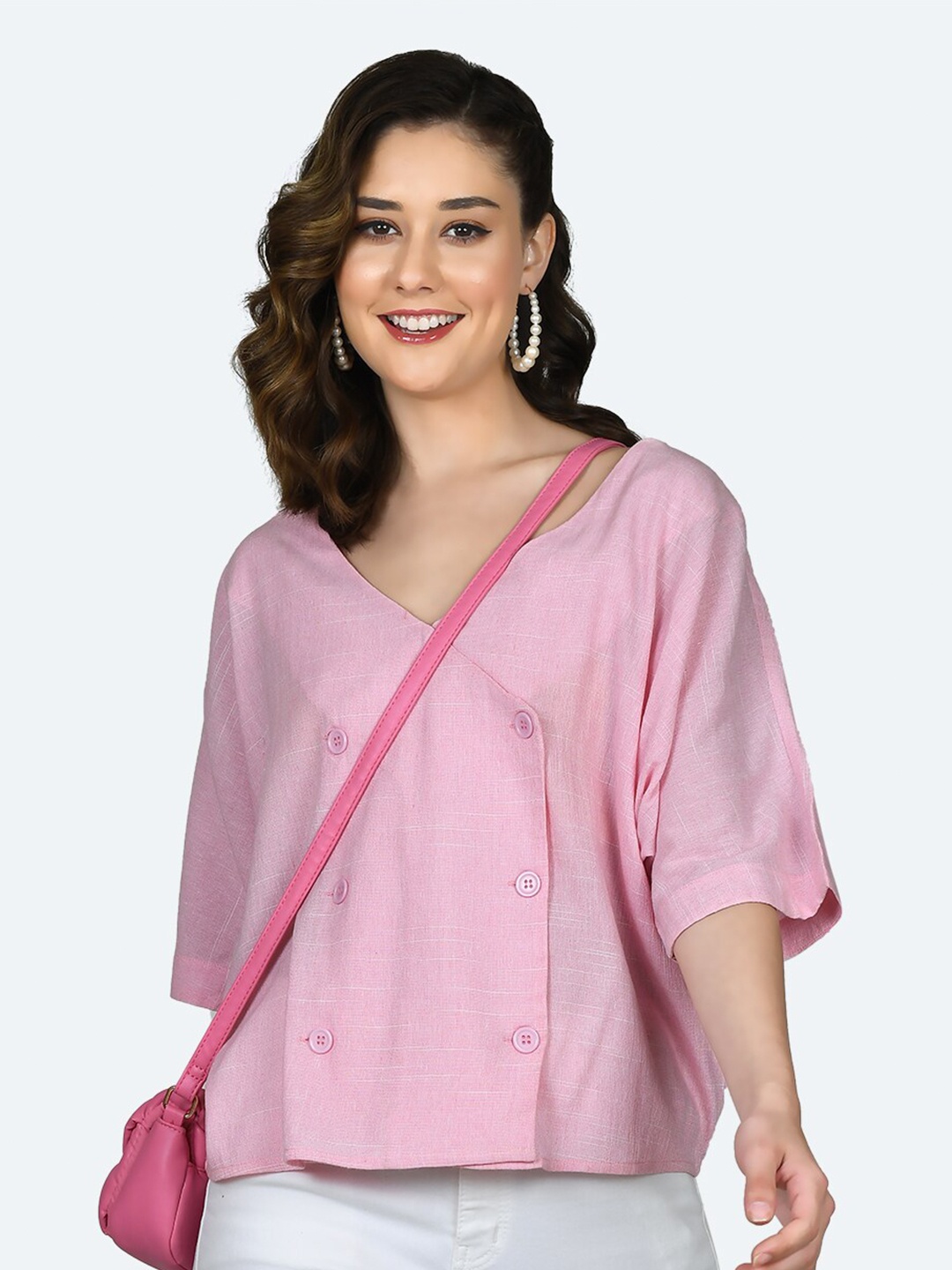 Zink London V-Neck Cut Outs Shirt Style Pure Cotton Top, Pink