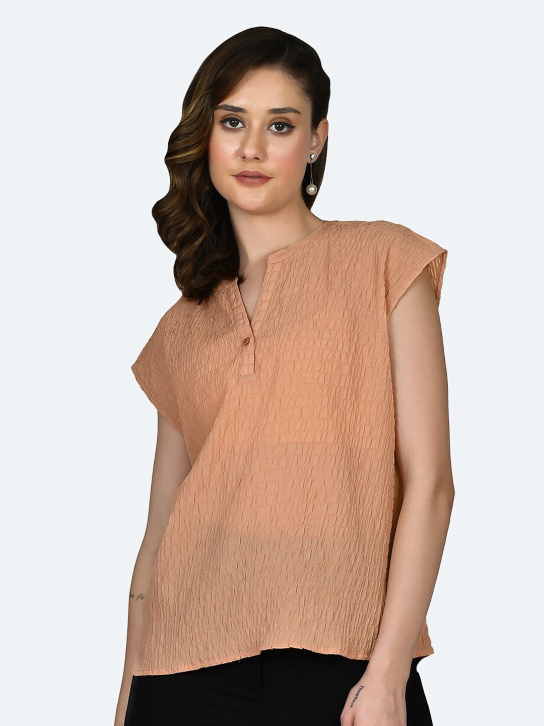 Zink London Self Design Mandarin Collar Smocked Top, Peach