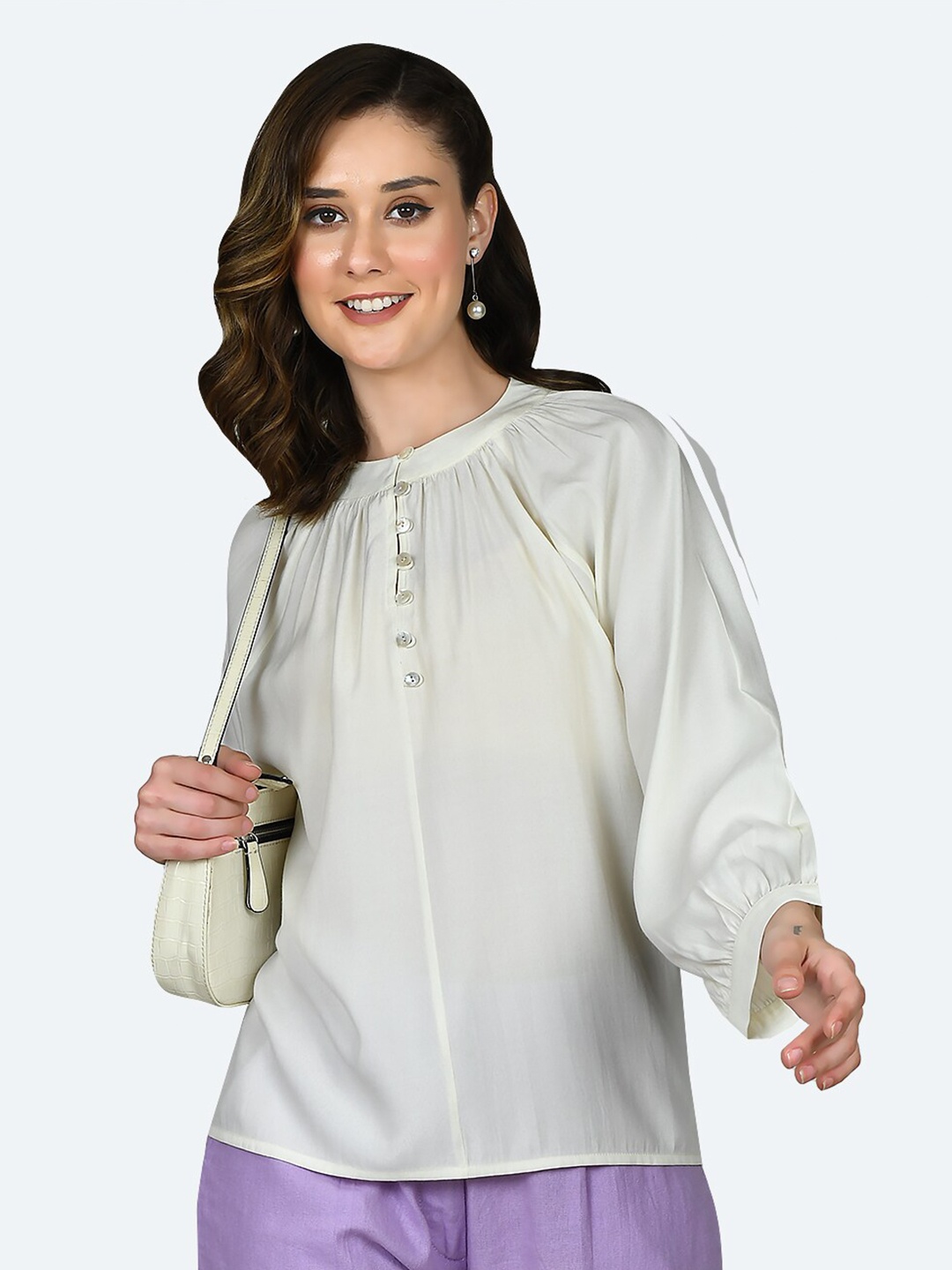 Zink London Bishop Sleeves Gathered Top, White