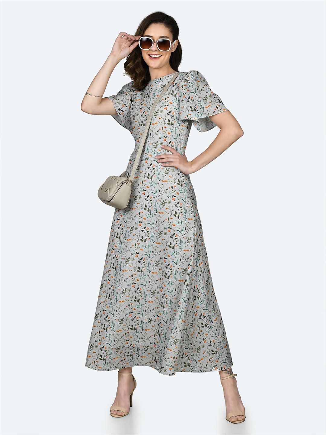 

Zink London Round Neck Floral Printed A-Line Maxi Dress, Grey