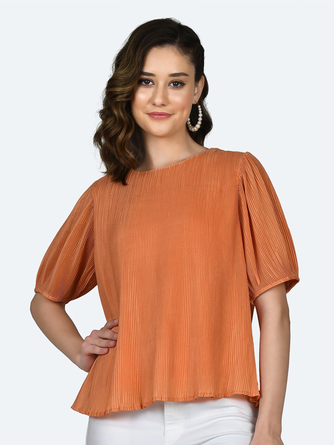 

Zink London Self Design Puff Sleeves Pleated Top, Orange