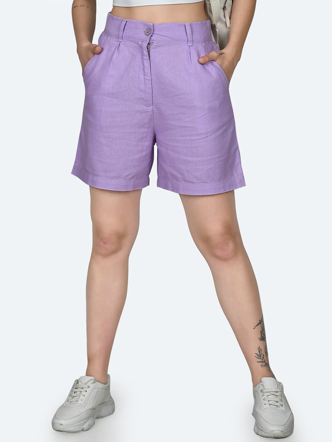 

Zink London Women Mid-Rise Slim Fit High-Rise Linen Core Shorts, Purple