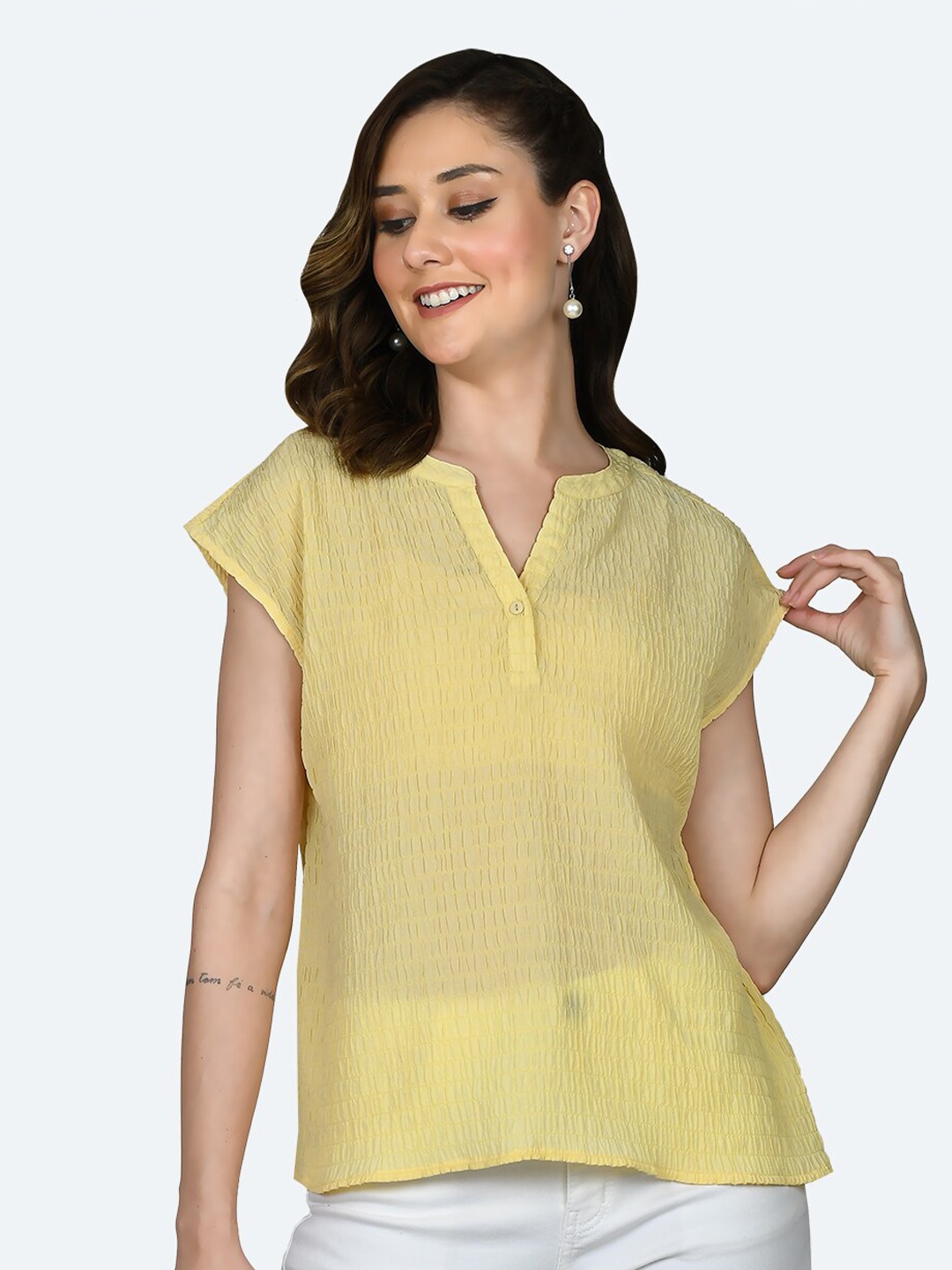 

Zink London Self Design Mandarin Collar Smocked Top, Yellow