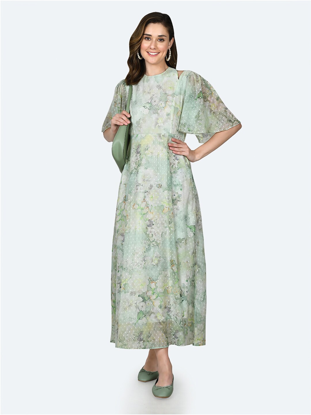 

Zink London Boat Neck Flared Sleeves Dress, Green