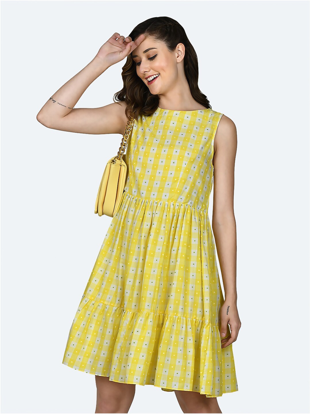 

Zink London Checked Tiered Pure Cotton A-Line Dress, Yellow