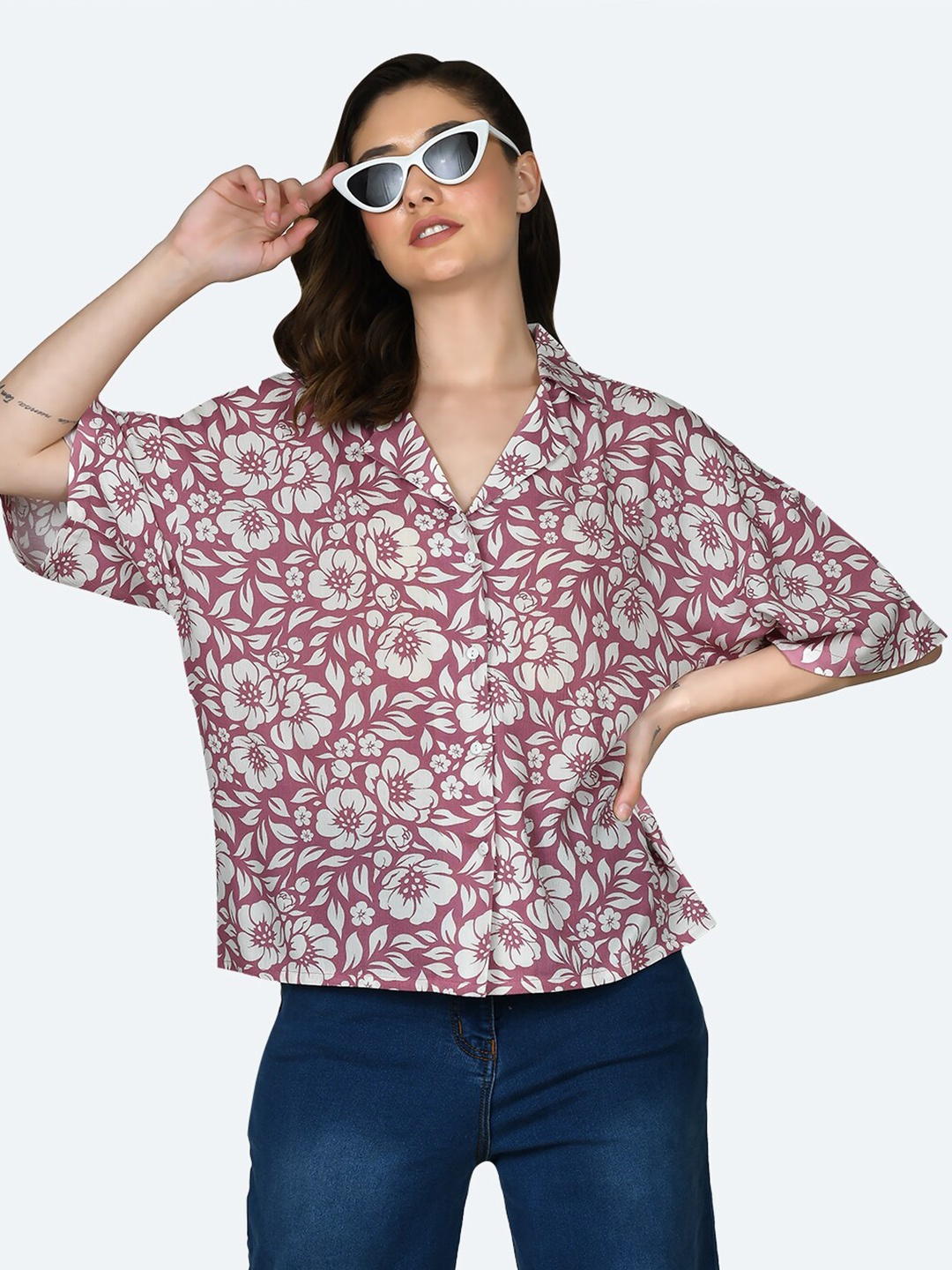 

Zink London Floral Printed Boxy Shirt, Pink