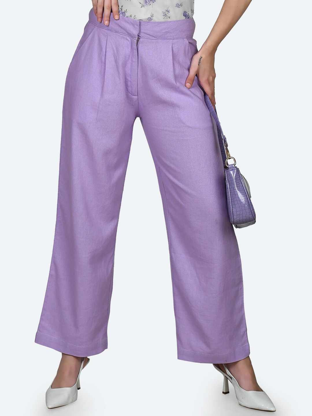 

Zink London Women Linen High-Rise Trousers, Purple