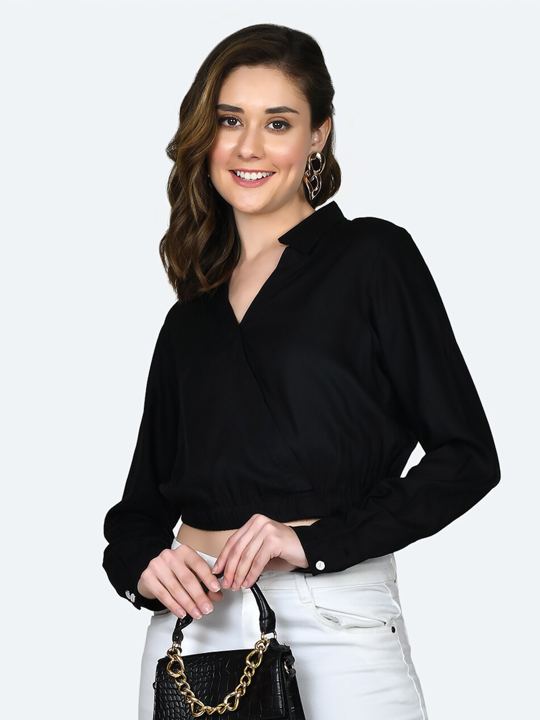 

Zink London V Neck Cuffed Sleeves Crop Top, Black