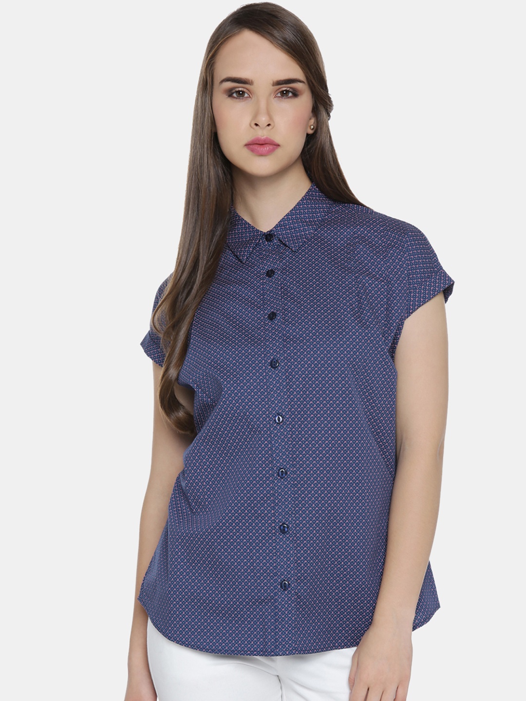 

Annabelle by Pantaloons Women Navy Regular Fit Printed Formal Shirt, Navy blue