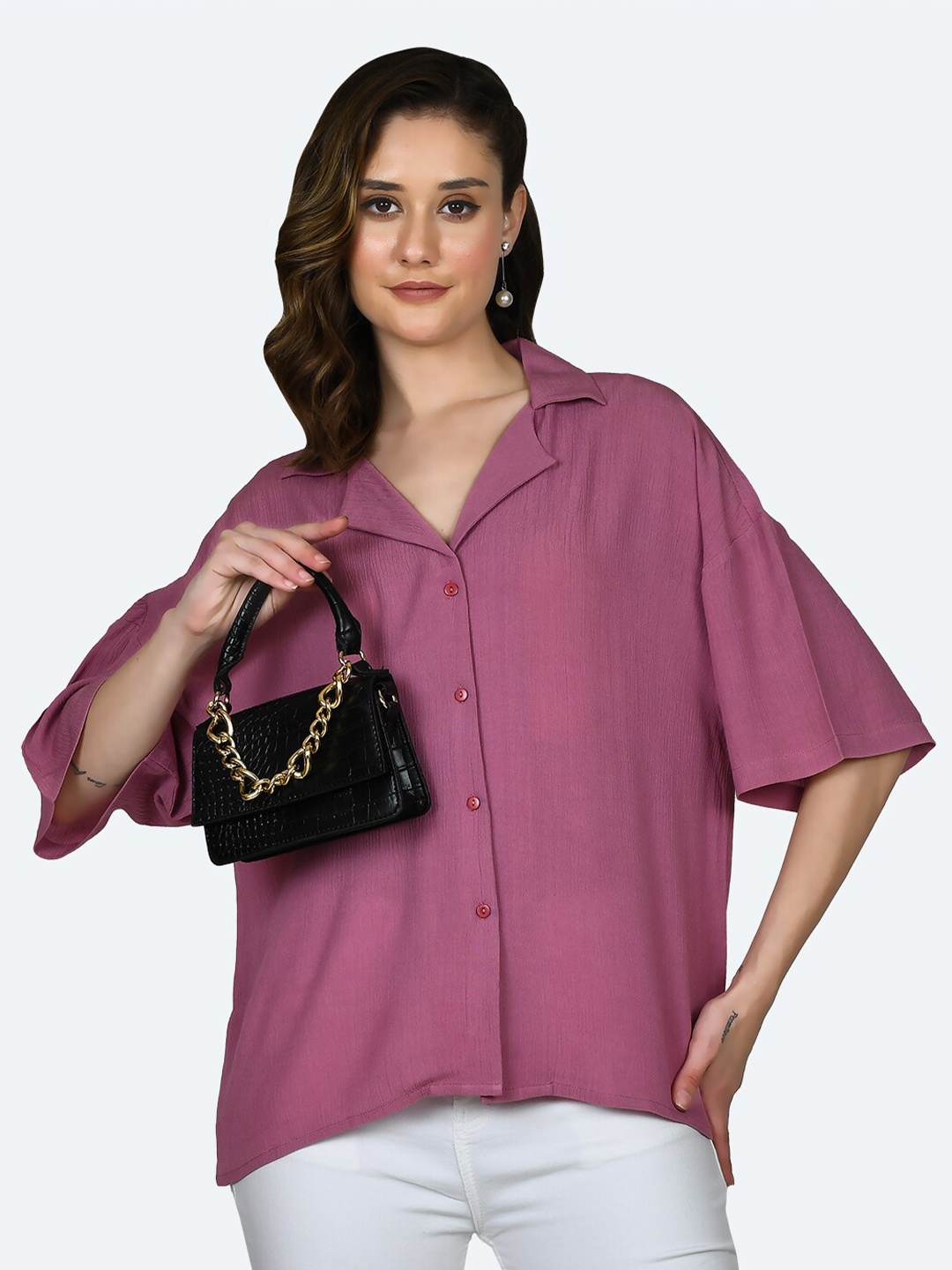 Zink London Boxy Fit Flare Sleeves Casual Shirt, Pink
